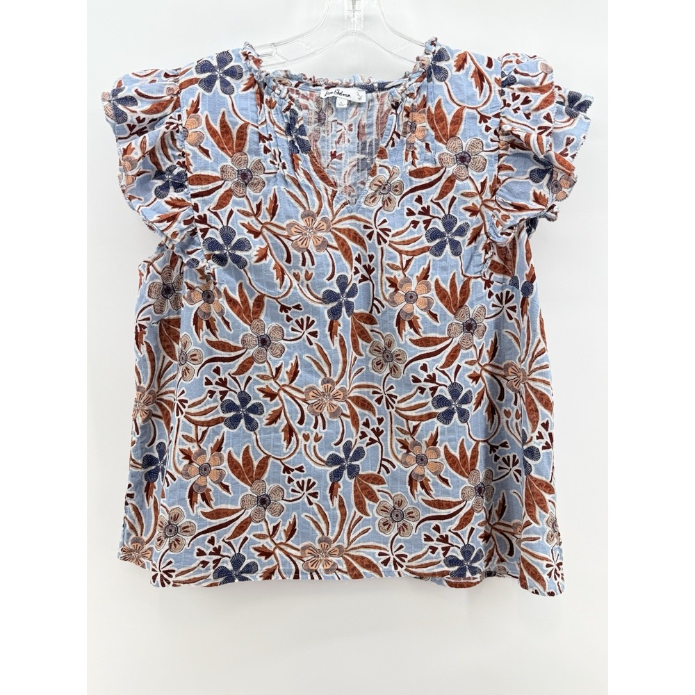 Sam Edelman Printed Ruffle Neck Top Blue Brown Multi‎ Floral Women's Large